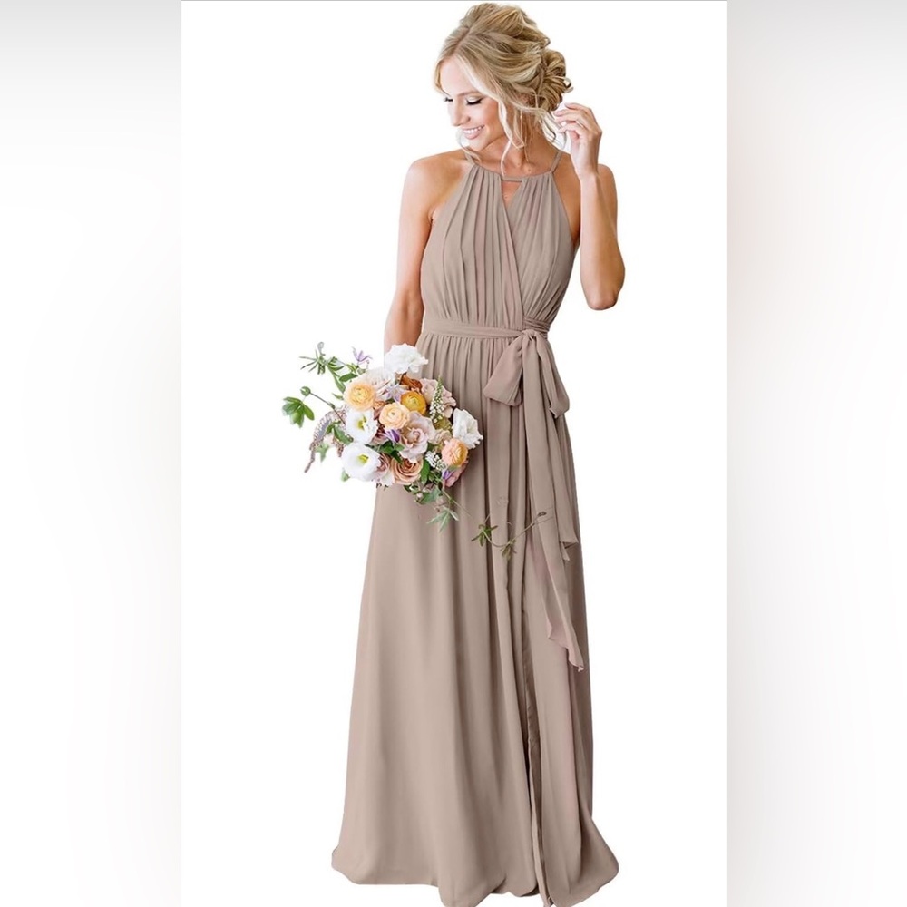 Women's Halter Pleated Chiffon Dress with Pockets Elegant Taupe. Size 8